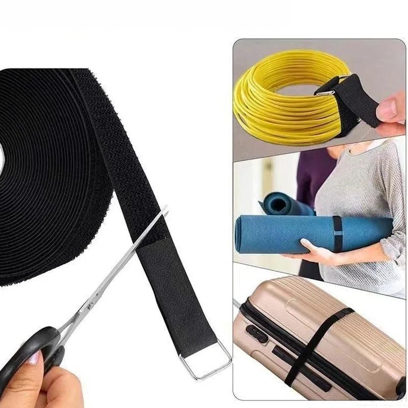 2M Reusable Nylon Hook Loop Fastening Cable Tape Cut-to-Length Self-Adhesive Securing Strap With Buckle For Organizer Or Storage