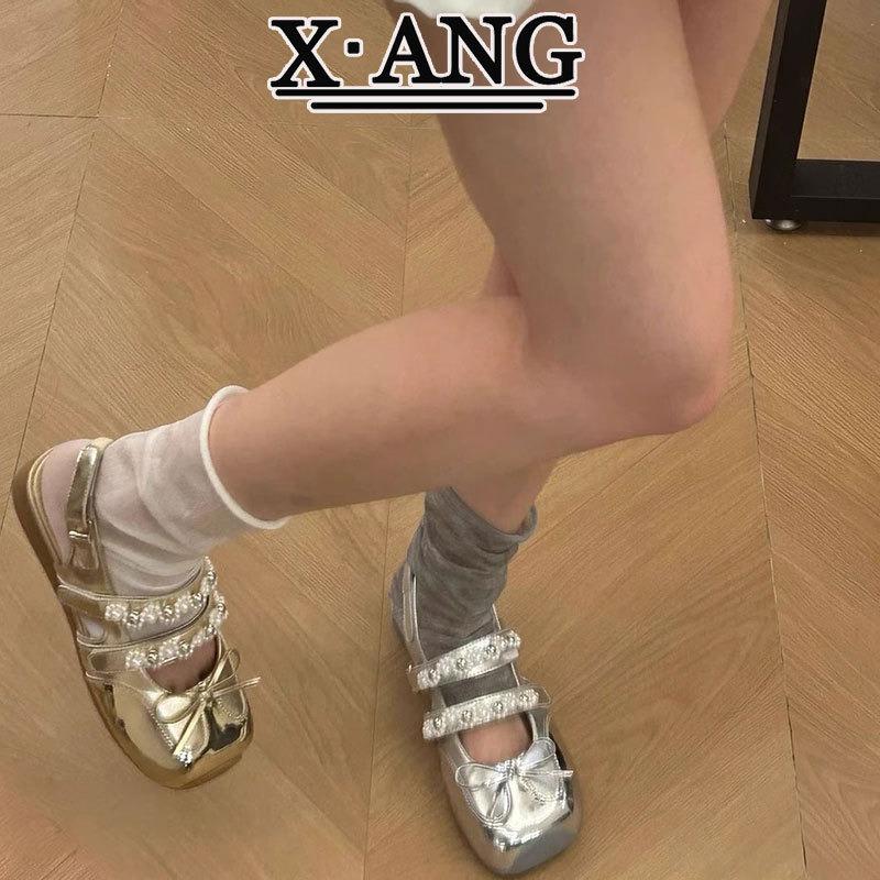 Cowhide version metal ballet Mary Jane shoes empty bag head sandals women's summer new square head single shoes women's