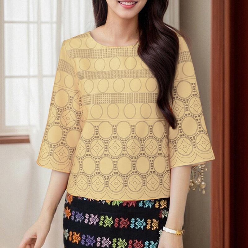 ZANZEA Women Casual Round Neck Summer 3/4 Sleeve Print Blouse