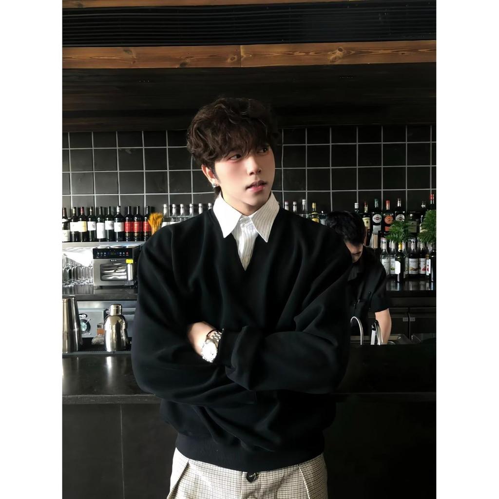 Premium Academia-Style Men's Long-Sleeve Hoodie Shirt - Faux Two-Piece Polo Collar for Autumn/Winter