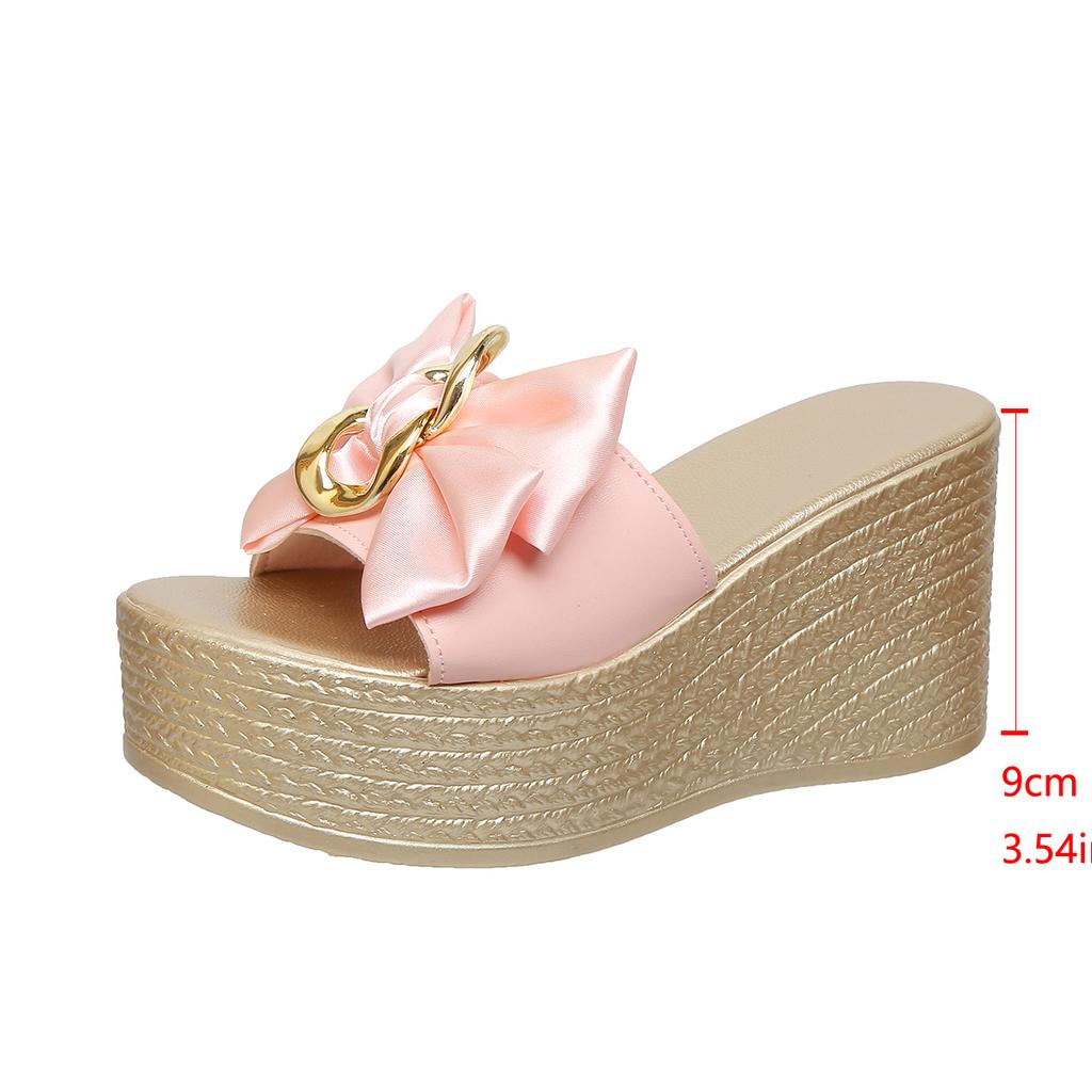 Fashion Aphixta Gold Sole 9cm Wedge Heels Slippers Bow Metal Decoration Mulers High Heels Platform Sandals Clog Shoe Slides Plus Size 43