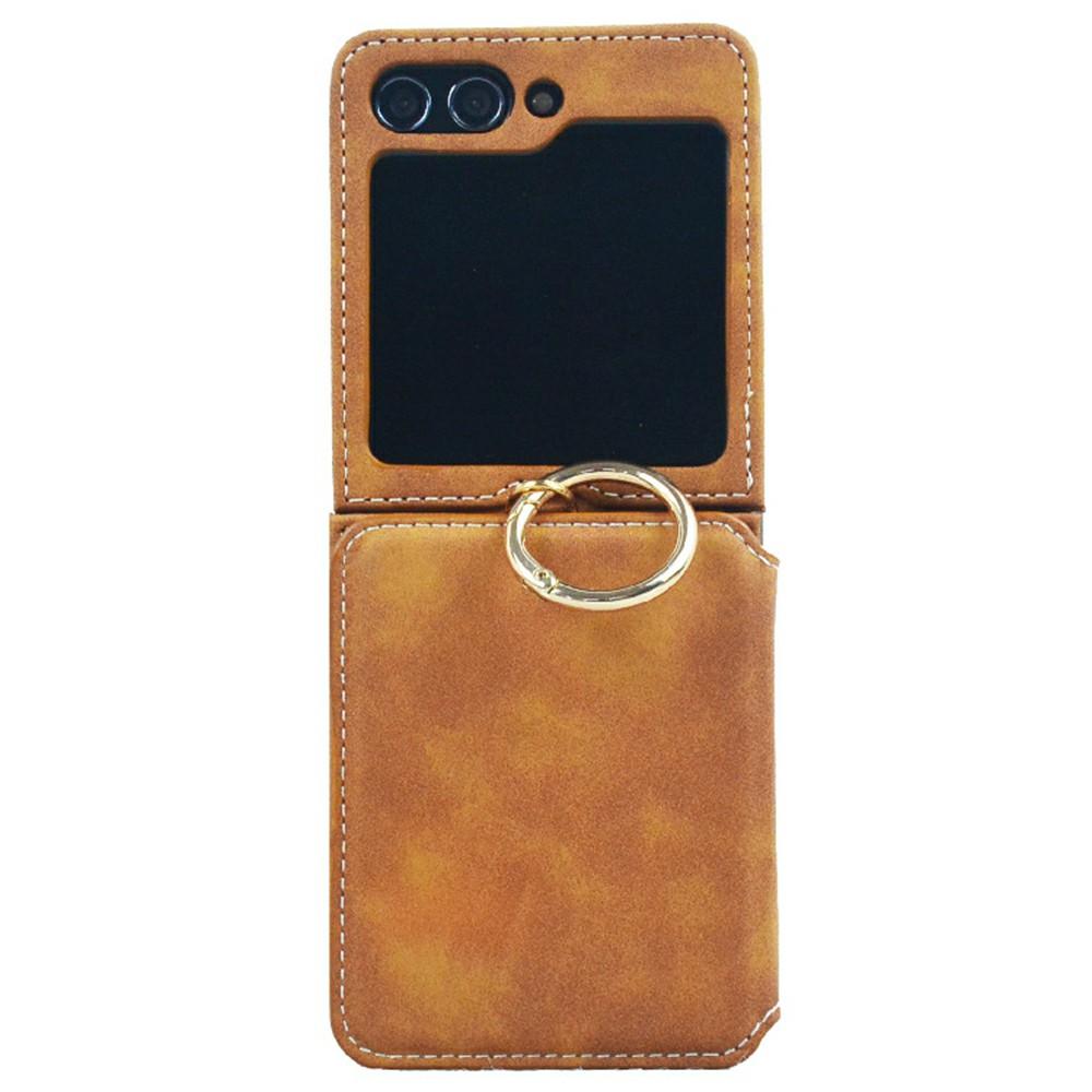 

For Samsung Galaxy Z Flip7 5G Case Card Holder Ring Holder Kickstand PU+PC Phone Cover with Chain Light Brown