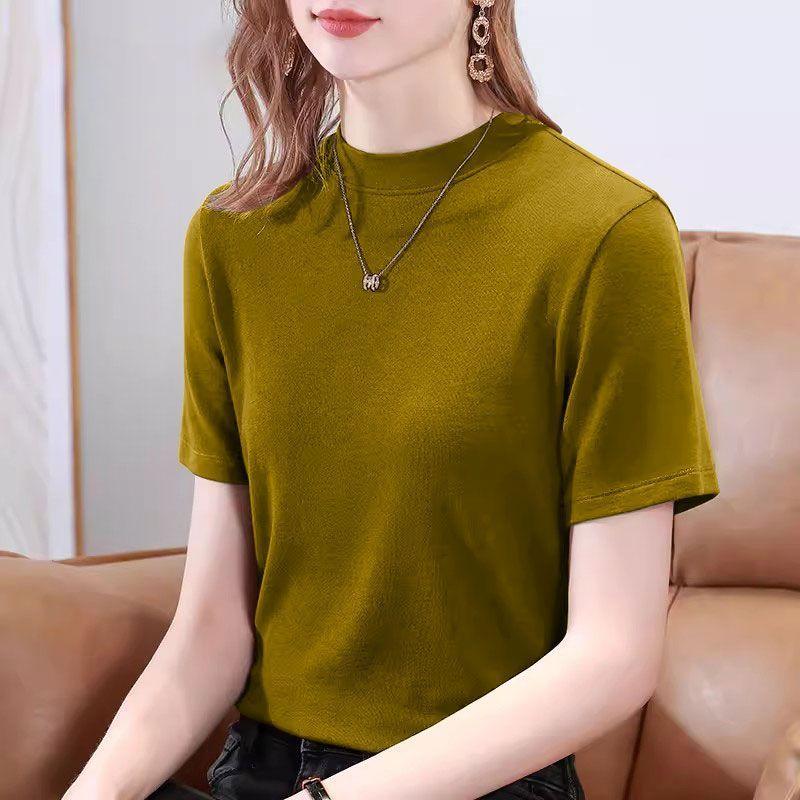 Womens Casual Solid Color Mock Neck Short Sleeve T Shirt