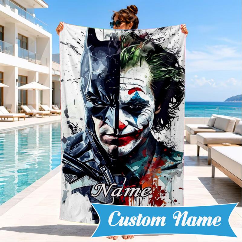 Custom Name Beach Towel Bat City Hero Artwork Microfiber Beach Towel, Lightweight for Summer Travel, Swimming Pool Fan Birthday Gift