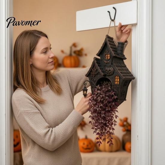 Gothic Plant Pot for Porch Halloween Hanging Planter Indoor Outdoor Use, Bat Cat Witch Raven Decorative Home Accessory Holder, Spooky Wall Mounted