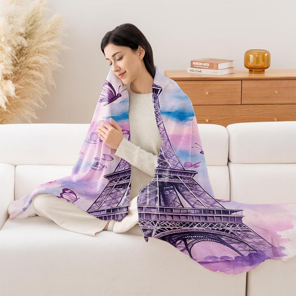 1pc Romantic Paris Eiffel Tower & Purple Butterfly Print Flannel Blanket - High-Weight Soft Warmth, Light -Friendly All-Season
