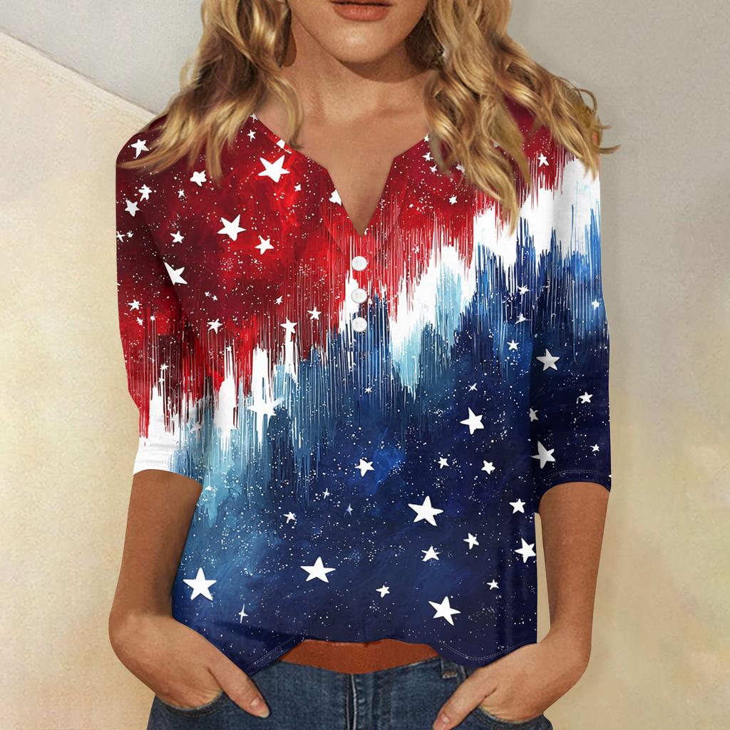 Women's T Shirt Independence Day Print Button 3/4 Sleeve Daily Weekend Fashion Basic V- Neck Regular Top