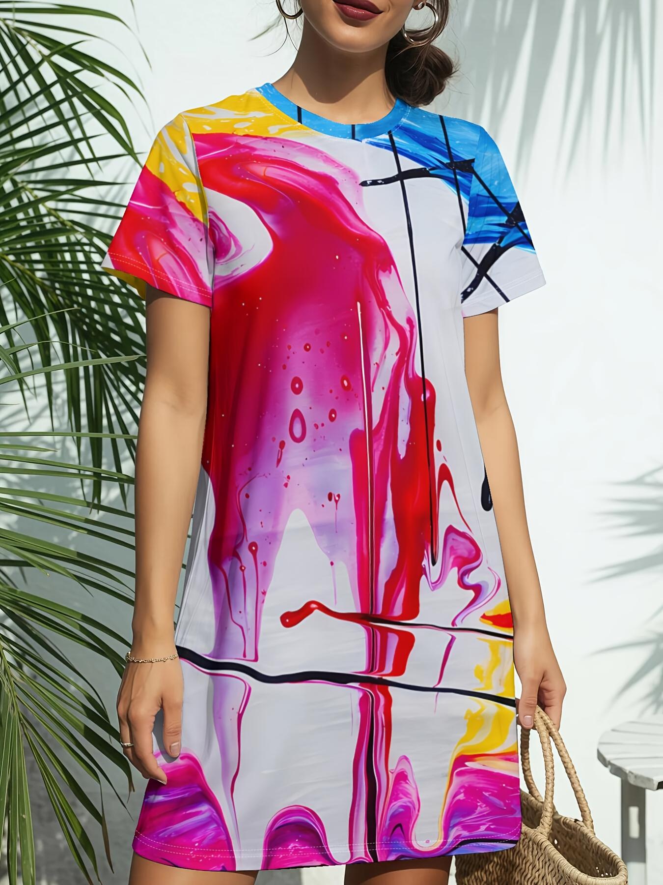 

Colorful Horse Art Print New Women S Round Neck Short Sleeve T-Shirt Dress. American Style Trendy Digital Print. Versatile for Spring And Summer Casua XL дубильная кора