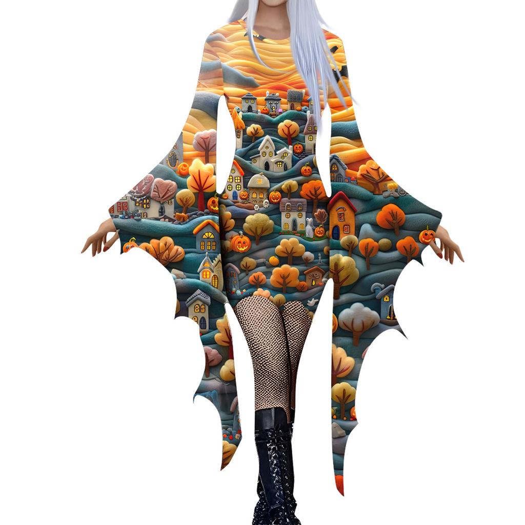 Women Fashion Gothic Punk Bat-Sleeve 3D Cute Halloween Print Irregular Party Dress