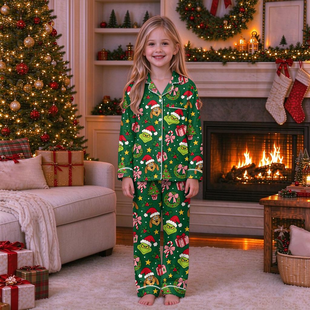 Family Matching Christmas Outfits with Stand Collar, Button Front and Holiday Print
