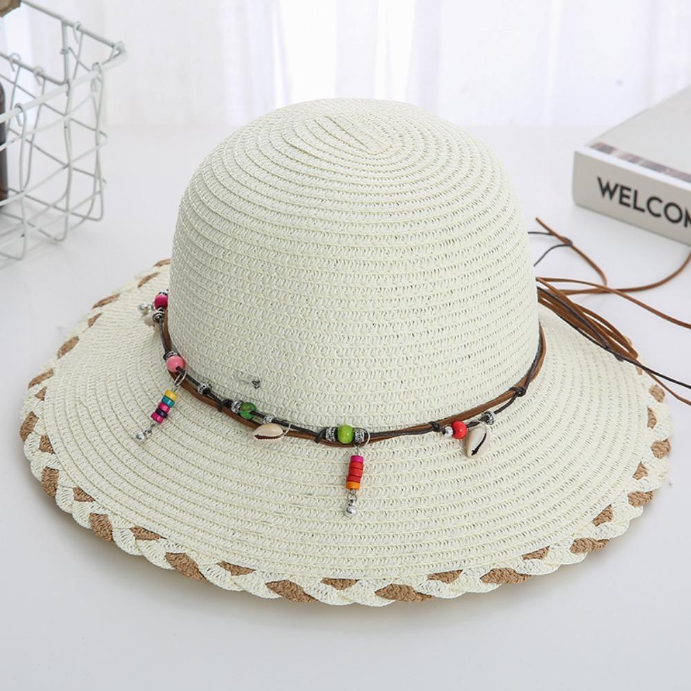 Wide Brim Folding Straw Hats Spring Summer Women's Sun Hat Bohemian Beaded Strap Straw Hat  Outdoor