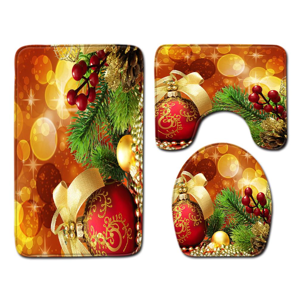 Christmas Shower Curtain Floor Mat Combination Four-Piece Set Bathroom Toilet Carpet Shower Room Mat Foot Mat