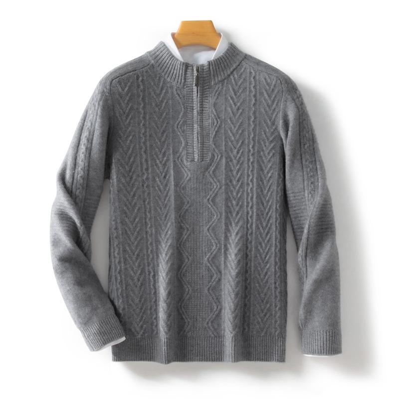 New Autumn and Winter Youth Men's Pure Wool Zipper Collar Knitted Warm Sweater Half Zipper Pullover Knitted Sweater