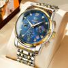 OLEVS Men's Watch with Moon Phase Timer, Quartz Movement, Stainless Steel Band, Simple and Fashionable, Waterproof, Luminous, Date Display, Blue