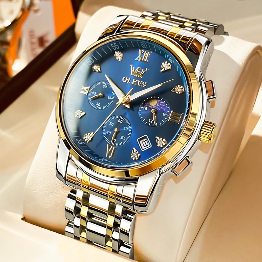 OLEVS Men's Watch with Moon Phase Timer, Quartz Movement, Stainless Steel Band, Simple and Fashionable, Waterproof, Luminous, Date Display, Blue