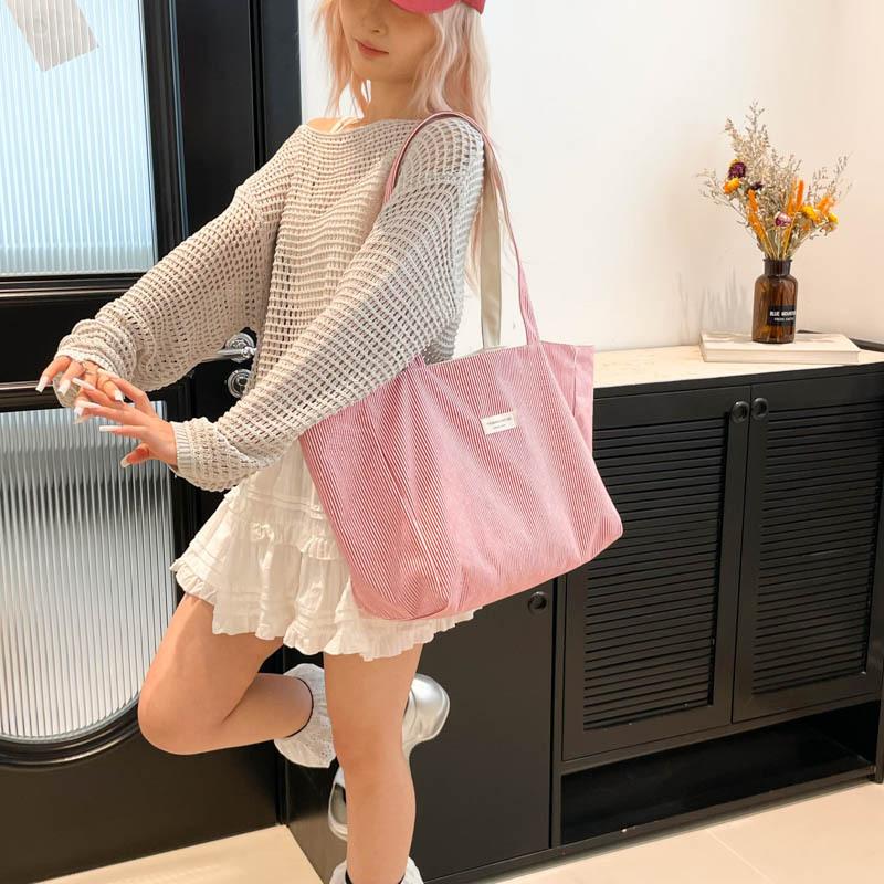 New Double-sided Shoulder Bag Large-capacity Tote Bag Literary Texture Embroidery Student Canvas Striped Commuter Bag