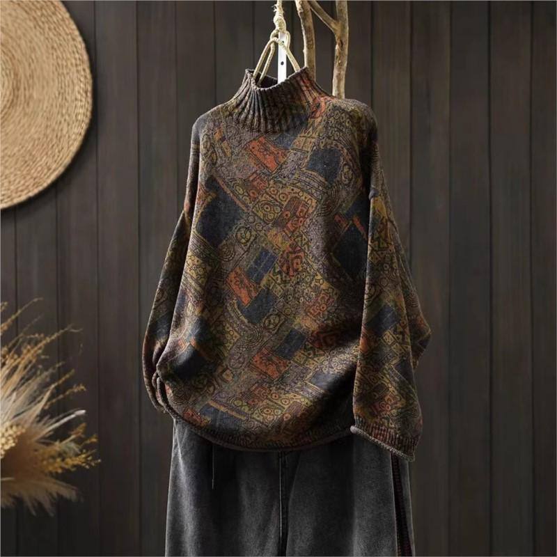 

Нишевый принт с воротником-стойкой и длинными рукавами винтажный свитер женский зимний свободный ретро-свитер One Size кофейный