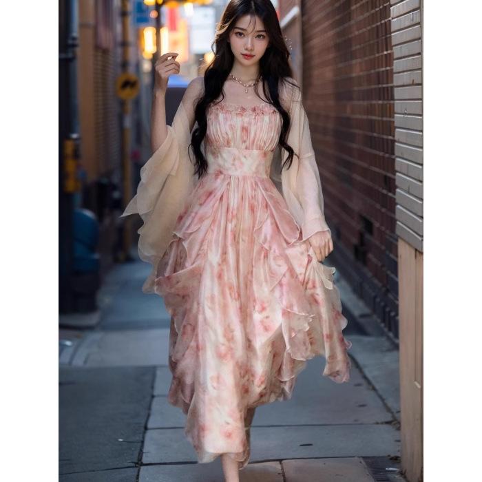 smudge printing fairy lace temperament waist ruffle edge suspender skirt summer fairy long skirt cardigan two-piece set