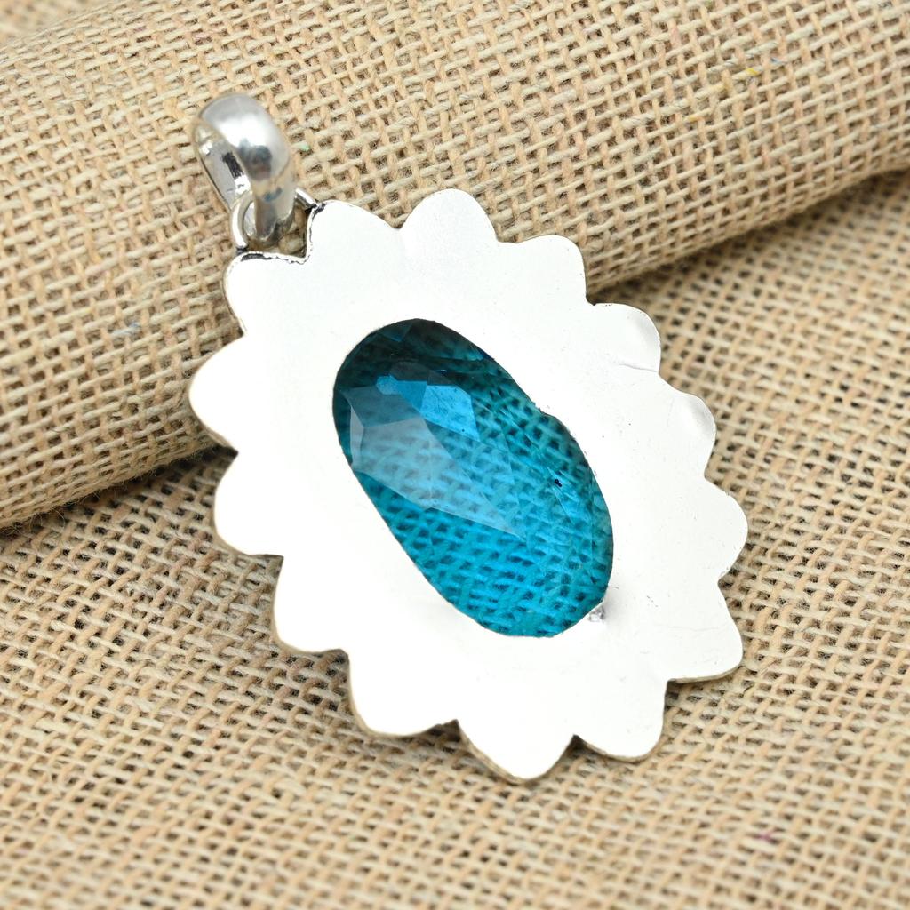 Blue Topaz Gemstone 925 Sterling Silver Jewelry Handmade Pretty Design Pendant For Gifts