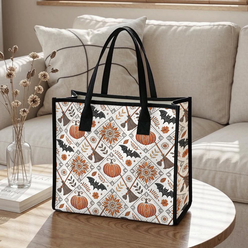 Boho Halloween Tote Bag Pumpkin Bat Pattern Casual Handbag for Daily Shopping