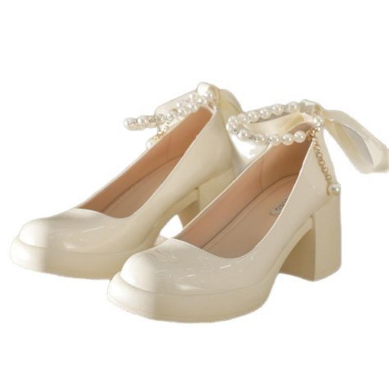 Thick heel single shoes women's new wedding shoes pearl bridesmaid shoes white shoes high heels Mary Jane women's shoes