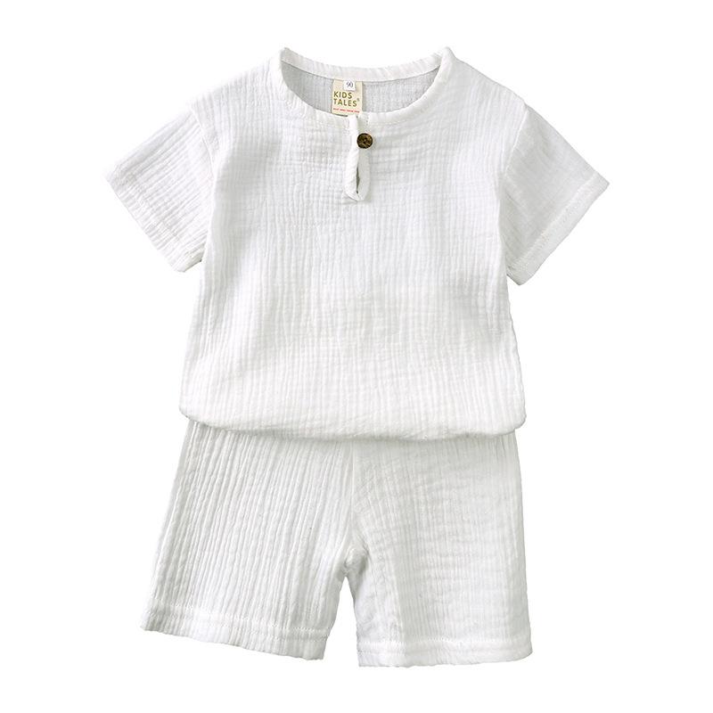 Baby Boy Baby Girl Solid Color Clothing Set Button Short Sleeve T-shirt + Thin Shorts Two-Piece Set