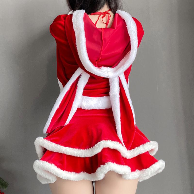Christmas Lingerie Cosplay Costumes Plush Red Sexy Santa Claus Lingerie Set Backless Nightie Sleepwear Outfits Cat Girl Uniform with Gloves Cloak
