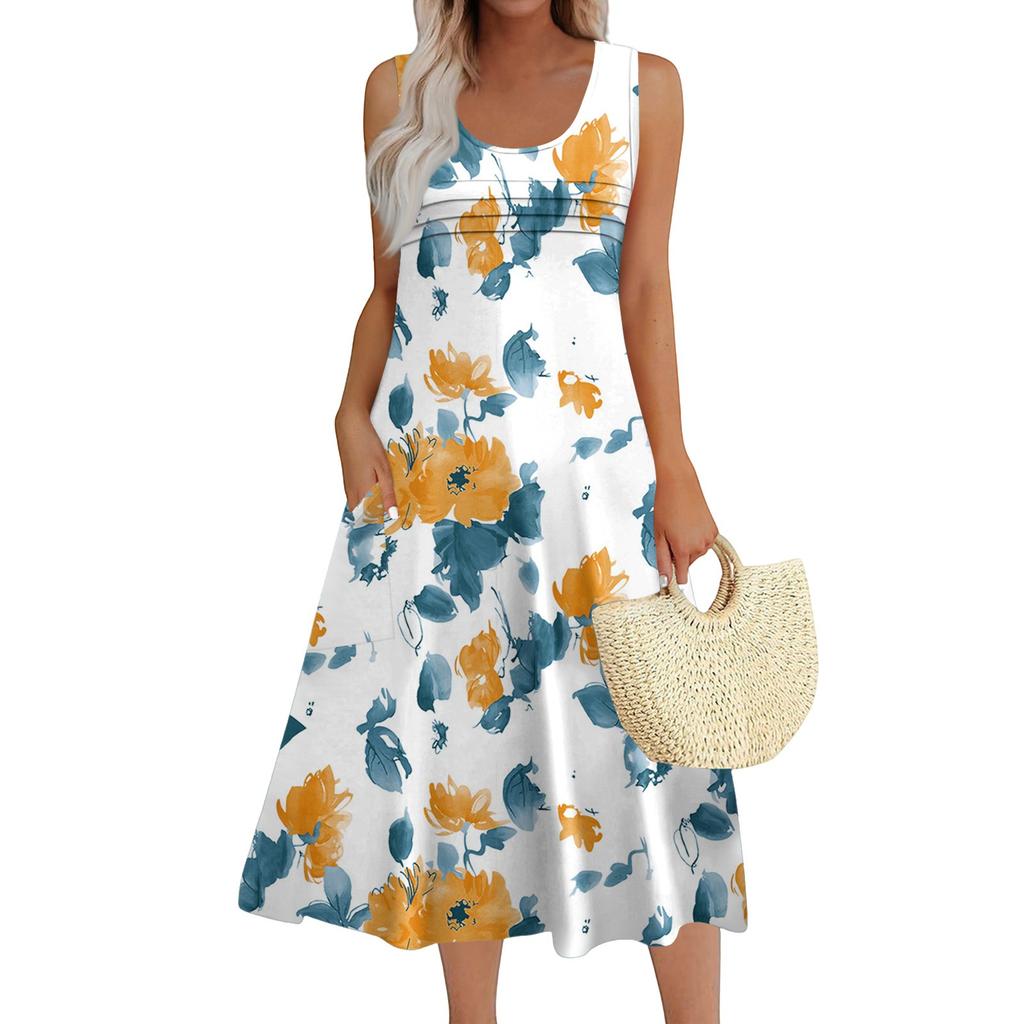Women's Fashion Round Neck Sleeveless Pleated Beach Dress With Pockets Long Floral Dresses