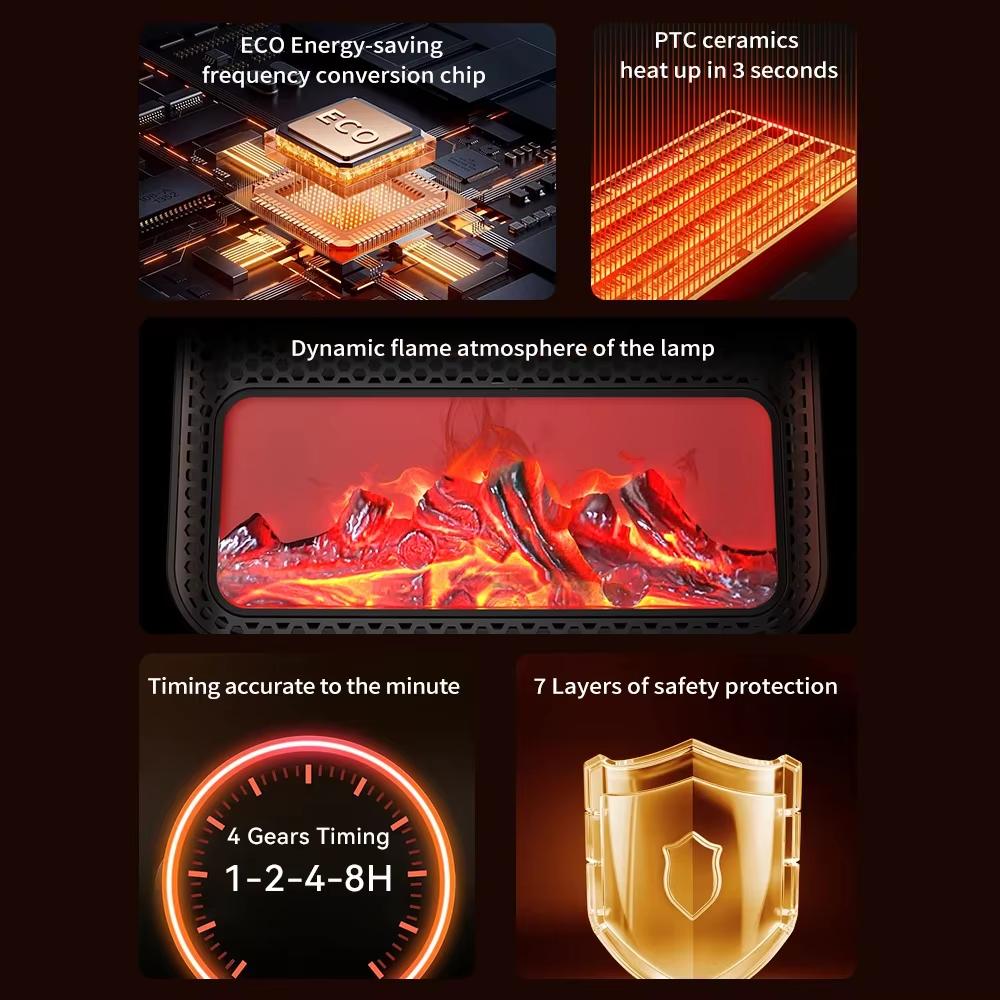 Portable 3D Simulated Fireplace Heater Household Heater Home Silent Energy-saving PTC Speed Hand Warmer Timeable Electric Heater