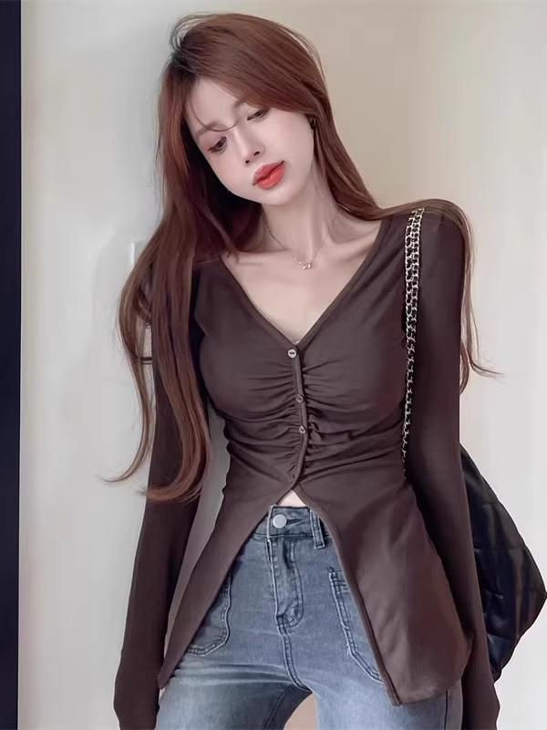 Women's Irregular Split Long Sleeve V-neck Top - Sexy Autumn Base Layer Shirt