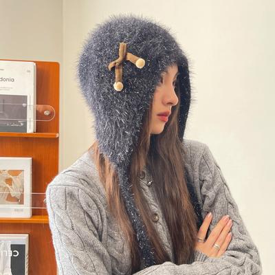 Joli bonnet en laine pour femme, chaud, à lacets, avec petit bonnet tricoté, protège-oreilles, tête