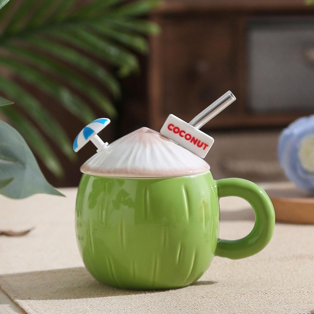 

430ml Large Capacity Creative Ins Style Summer Coconut Shaped Mug, Cute Ceramic Cup with Lid and Straw Coffee Mug 430ml синій