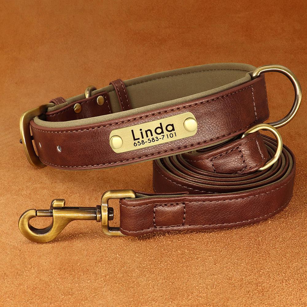 

PU Leather Dog Collar and Leash Set Soft Durable Plain Leather Dogs Collars 5ft Lead Adjustable for Small Medium Dogs Pug XS коричневий