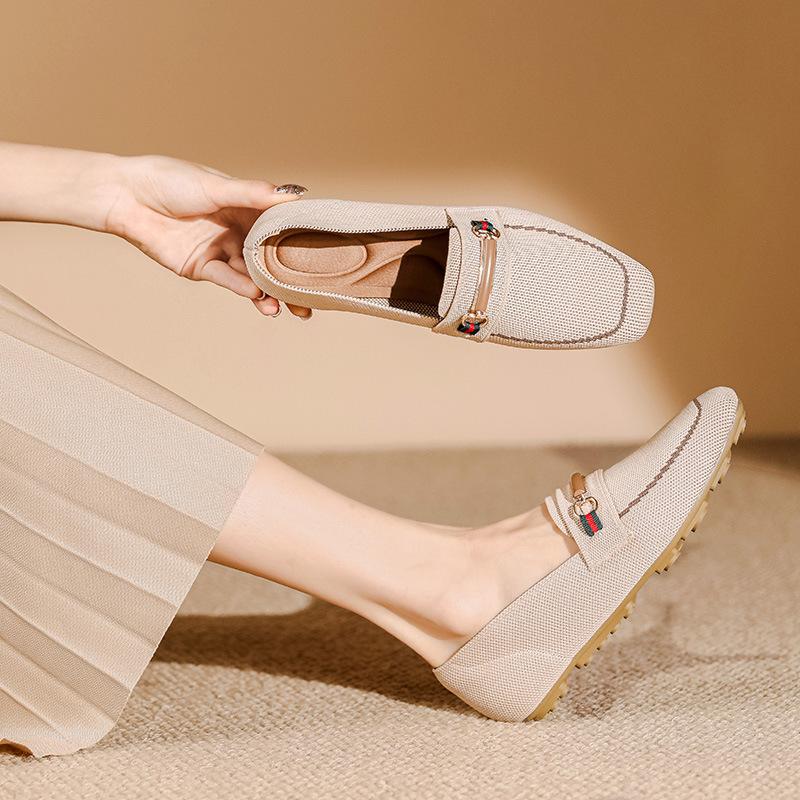 

New square head fly-woven flat-soled single shoes women s woven one-pedal knitted shoes large size Doudou shoes 34