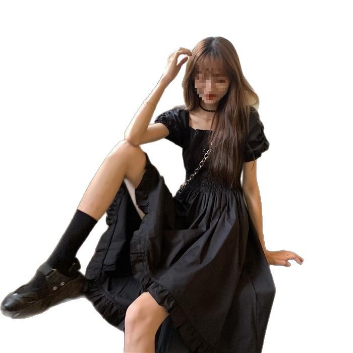 Summer new French Hepburn style niche front short rear long retro design small black dress short-sleeved dress