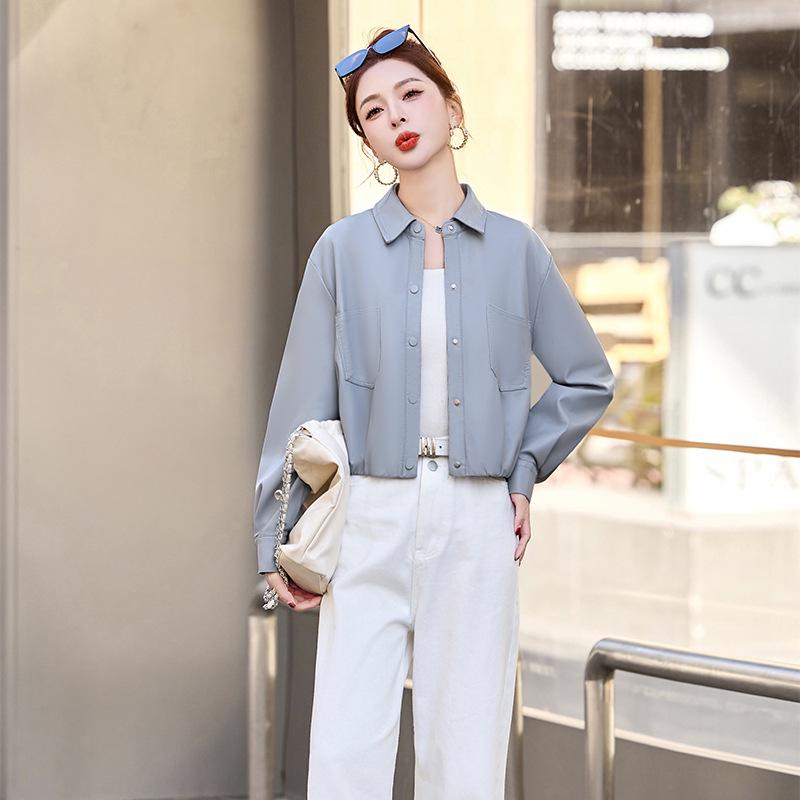 2025 Spring Women's Solid Color Loose Lapel PU Leather Jacket