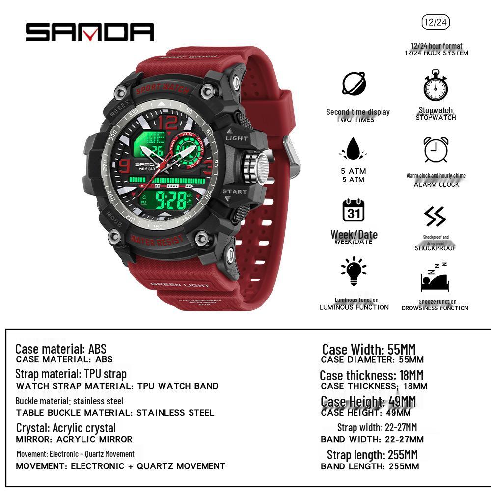Reloj Deportivo Multifunción Impermeable Sanda con Doble Pantalla, Alarma, Cronómetro, para Estudiantes y Uso al Aire Libre