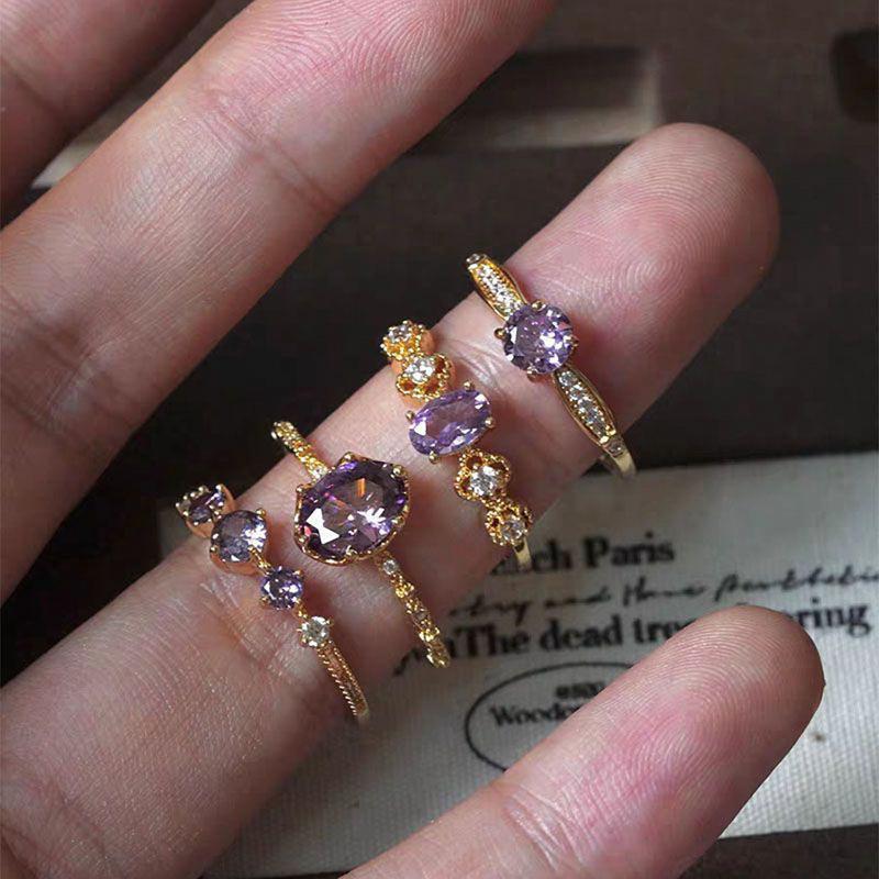 Midsummer Night: French Retro High-End Luxury Purple Zirconia Open Ring золотой