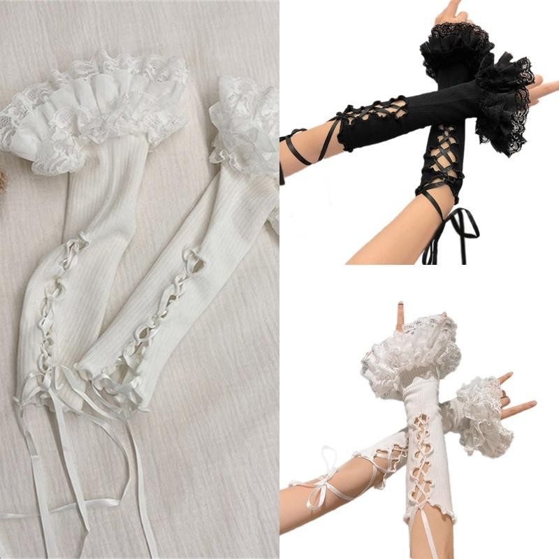 Elegant Lace Trim Flare Arm Sleeves With Ballet and Ribbon Design For Dance And Theme Event Dressingup Anime Armwear