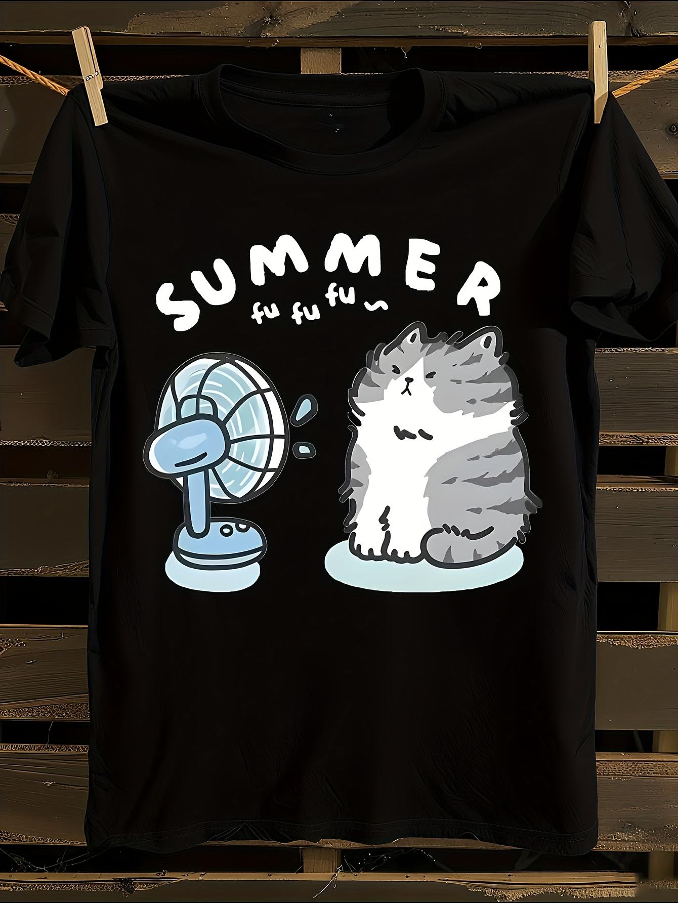 Funny Cat & Fan Print T-Shirt Mens Tshirt Womens Tshirts with Letters Print Short Sleeves T-Shirt Casual Street Tee Shirt Top S