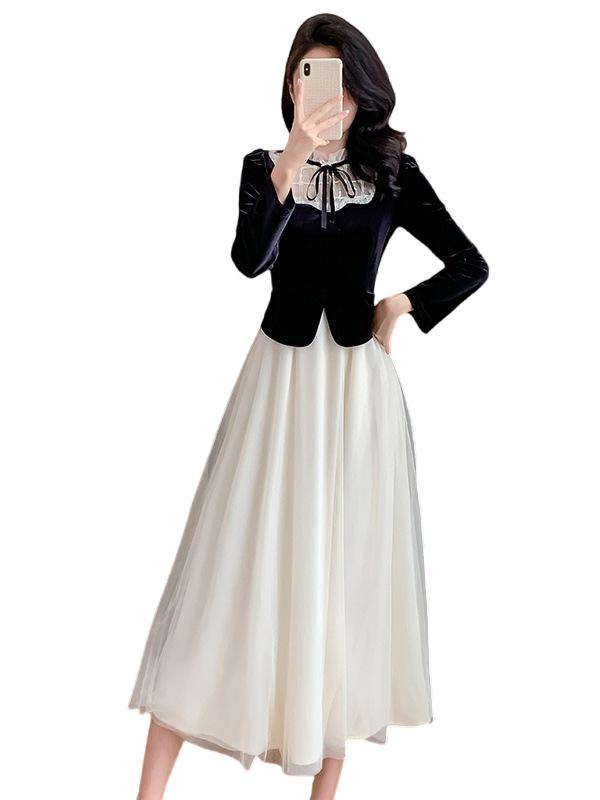 French Retro Style Velvet Layered Dress for Spring and Autumn