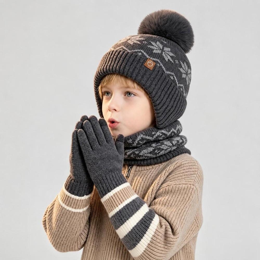 Polyester Winter Knitted Hat Warm Ear Flap Kids Snowflake Beanie for 2/3 Piece Set For Boys Girls