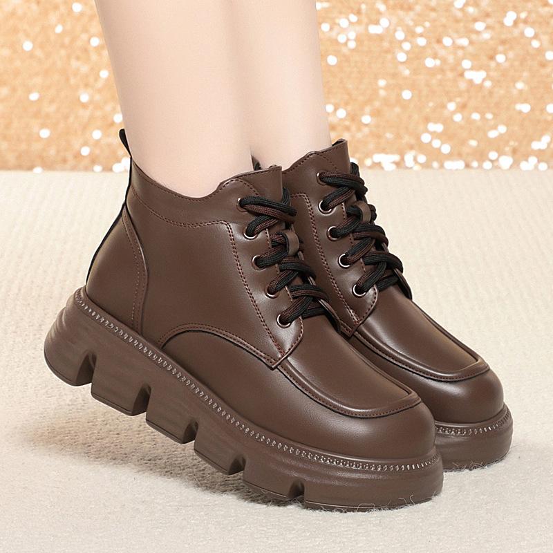 5cm Vintage Comfortable Soft Leather Shoes Warm Winter Boots 2025 Women's Med Heels Flat Platform Short Plush Motorcycle Botas