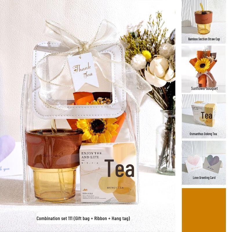 Bamboo Straw Cup, Sunflower & Tea Gift Set