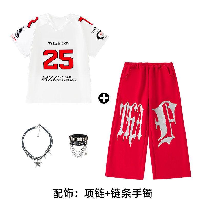 Kids Hip Hop Dance Outfit Set - White Short Sleeve Top Red Pants Boys Girls Stage Performance