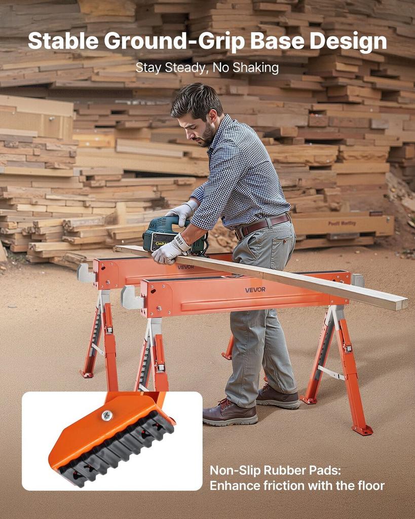 Saw Horses, 2 Pack Folding Work Horses, 816.5 Kg Load Capacity Sawhorse with Heavy Duty Legs, Adjustable Height Saw Horse with Non-Slip Foot Pads, for