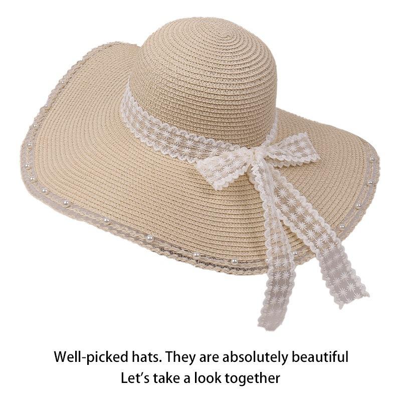 Hepburn wind flat top sunscreen straw hat women's summer big brim sunshade bucket hat seaside vacation beach sun hat