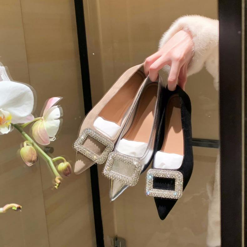 Sheepskin Version of Spring and Autumn French Celebrity Style Temperament Square Buckle Rhinestone Single Shoes Women's Pointed Flat Shoes Genuine Lea