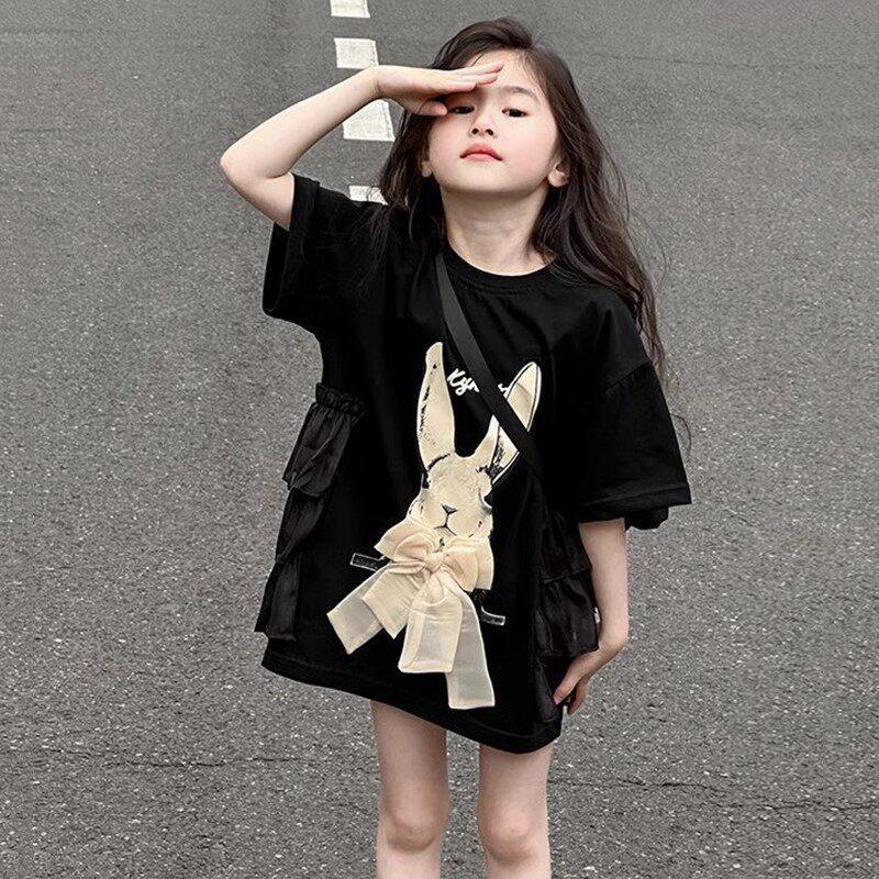 Girls Summer Cartoon Print Short Sleeve Dress Casual T Shirt Dress For Big Kids Students Daily Wear 120
