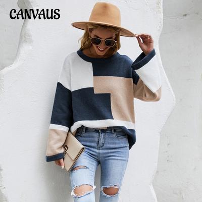 Autumn and Winter Women's Sweater Round Collar Color Blocking Knit Sweater Big Size Loose Set Head Long-sleeved Sweater